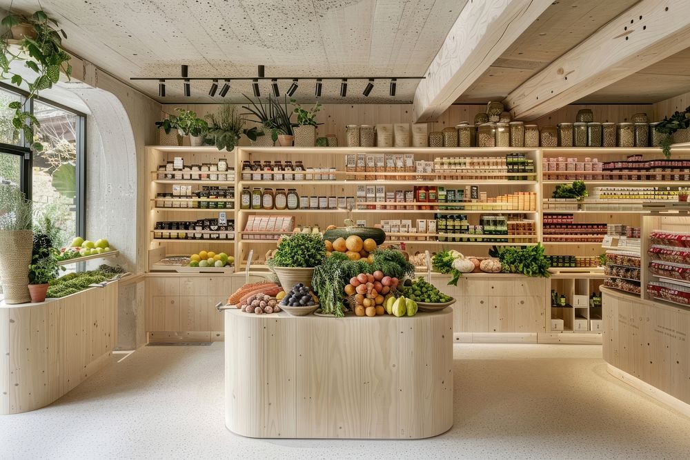An interior design of the modern and sustainable grocery store produce plant fruit.
