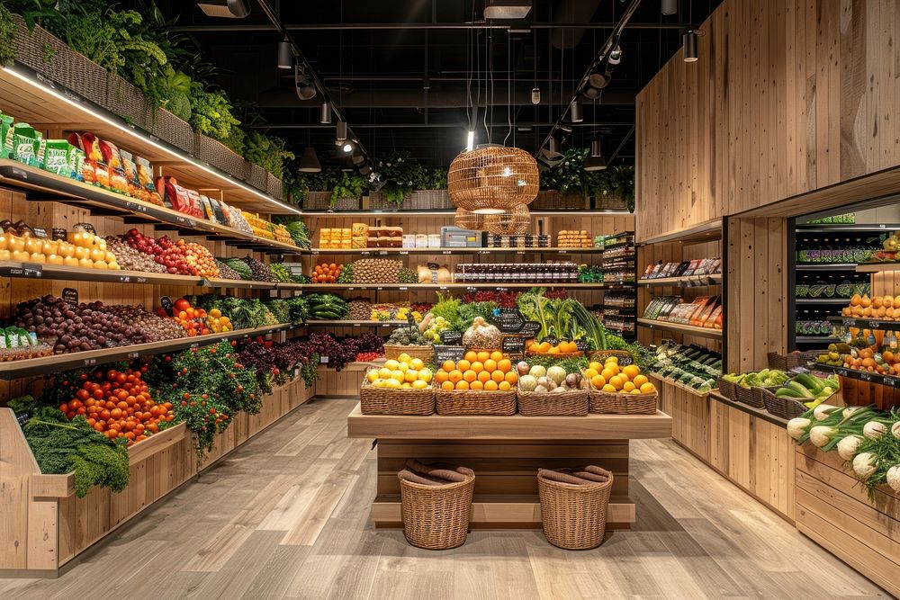 An interior design of the modern and sustainable grocery store supermarket indoors shop.