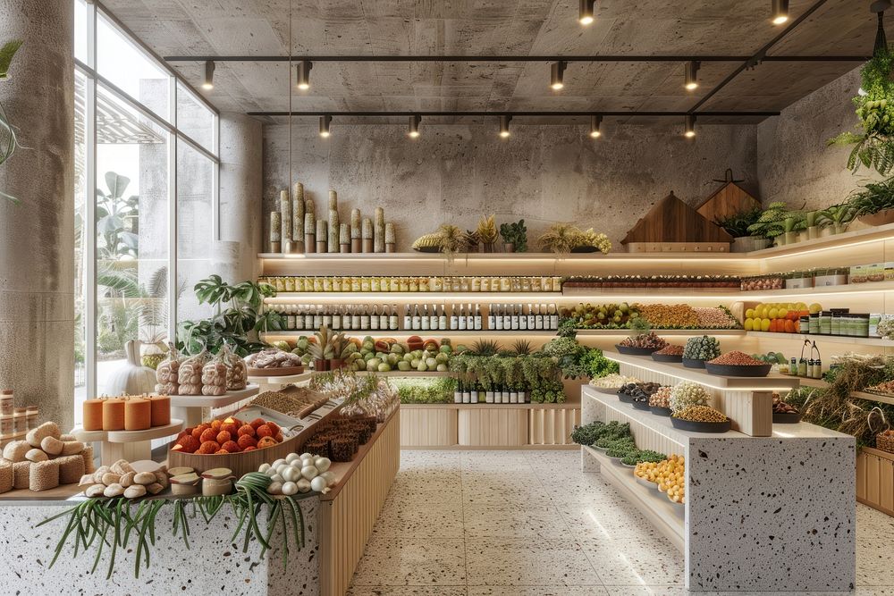 An interior design of the modern and sustainable grocery store plant indoors salad.