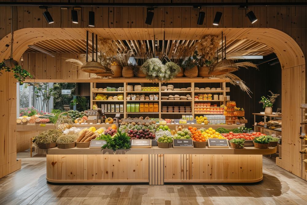 An interior design of the modern and sustainable grocery store produce plant fruit.