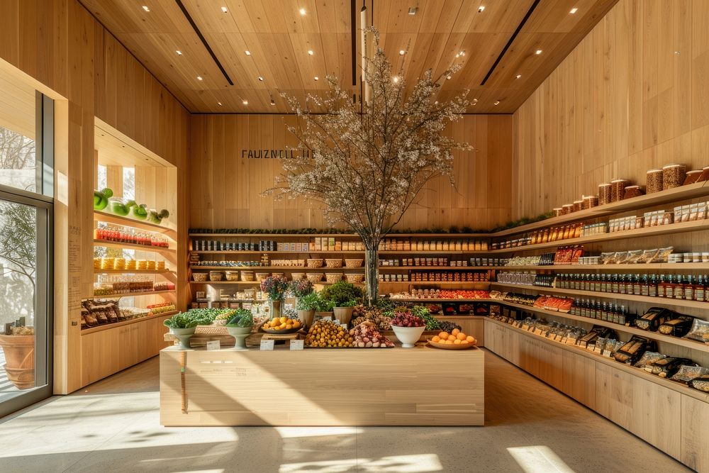 An interior design of the modern and sustainable grocery store produce fruit plant.