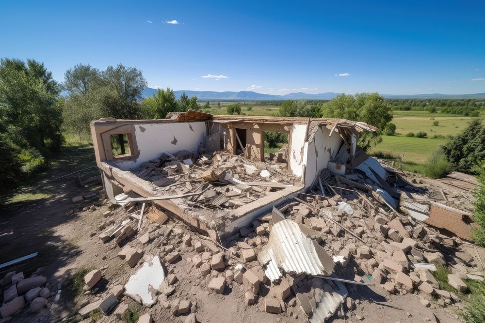 Destroyed house in a rural area after an earthquake building architecture outdoors.