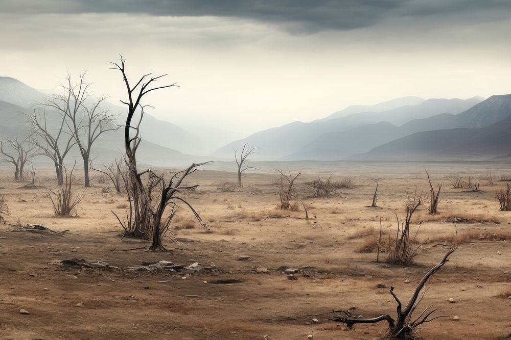 Desolate landscape with dead treesr outdoors scenery ground.
