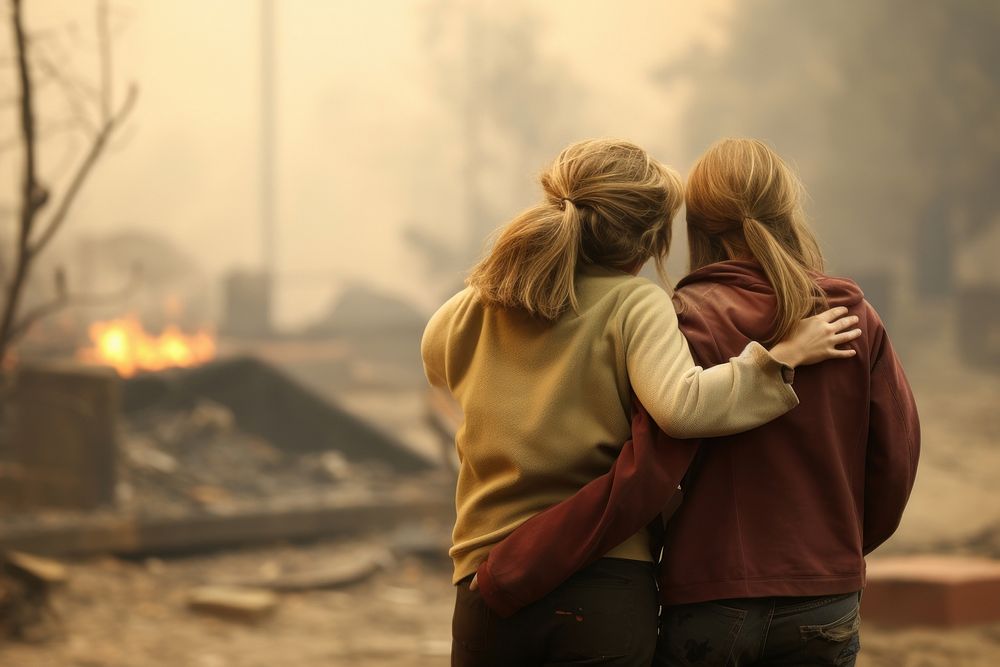 Disaster relief woman fire hugging female.