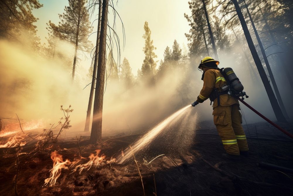 Firefighter with water hose battling forest fire clothing apparel person.
