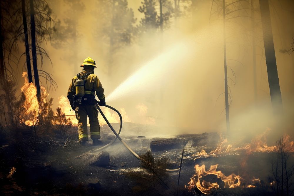 Firefighter with water hose battling forest fire clothing apparel hardhat.