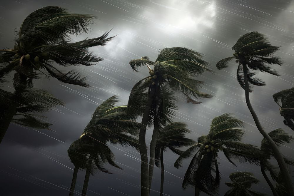 Palm trees blowing in the strong wind hurricane storm vegetation.