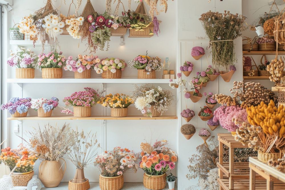 Photo of the inside wall of an organic flower store plant furniture blossom.