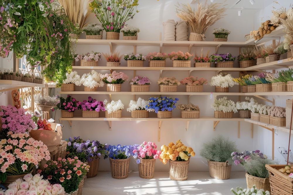 Photo of the inside wall of an organic flower store accessories accessory furniture.