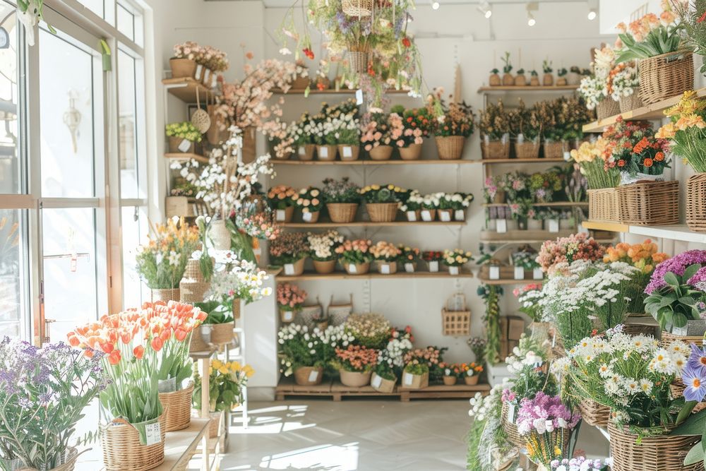 Photo of the inside wall of an organic flower store shop blossom plant.