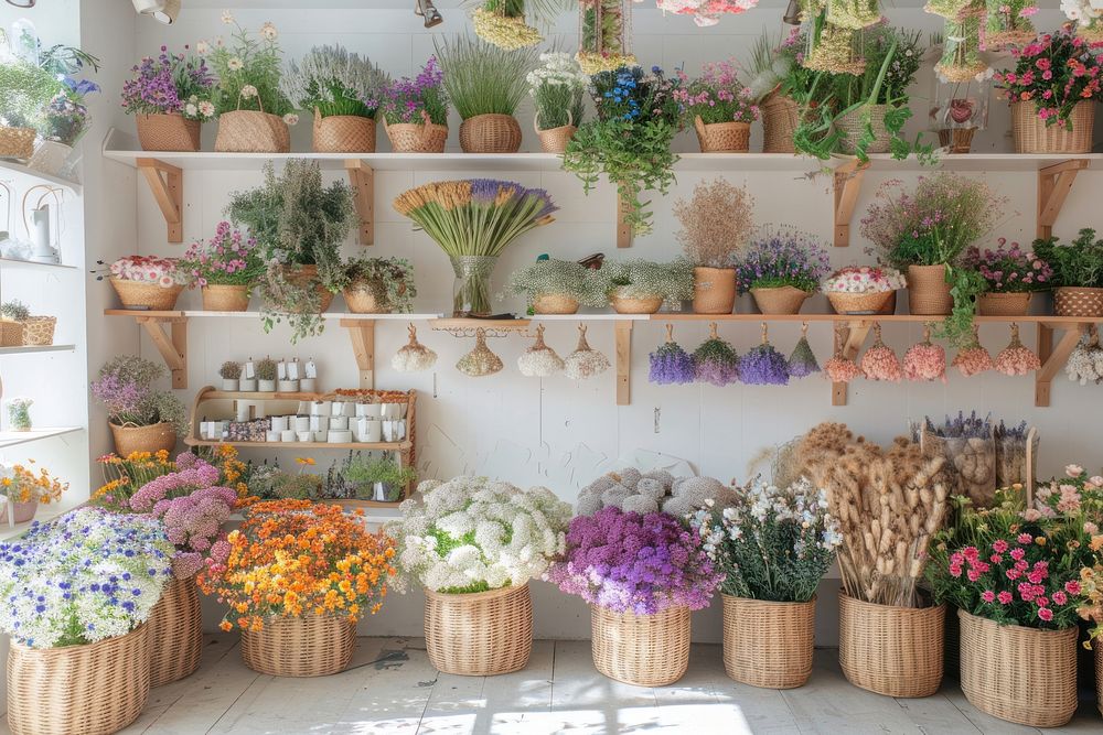 Photo of the inside wall of an organic flower store outdoors blossom people.
