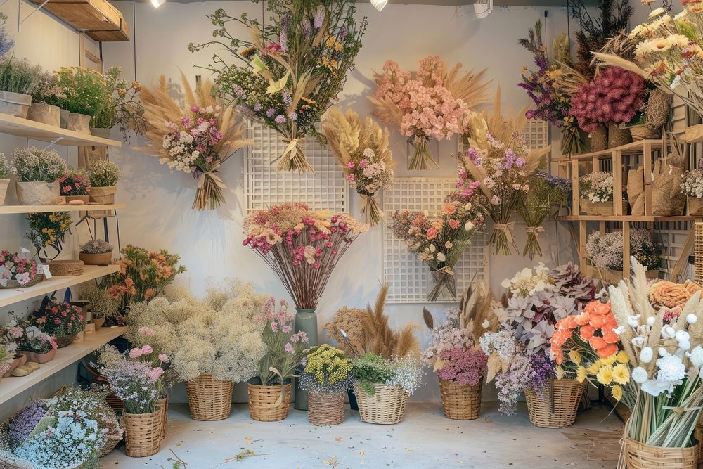Photo of the inside wall of an organic flower store plant accessories handicraft.