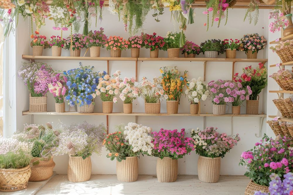 Photo of the inside wall of an organic flower store furniture outdoors blossom.