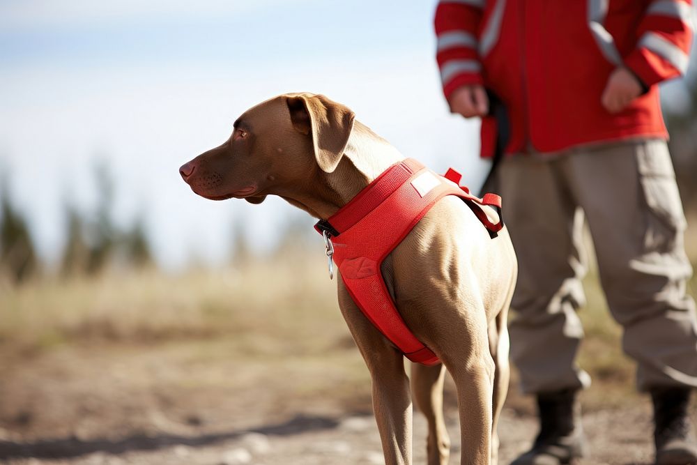Red cross first aid dog with his trainer male accessories lifejacket.