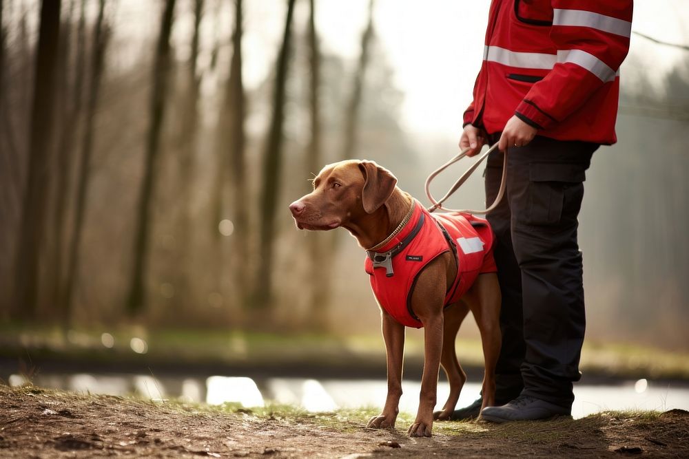 Red cross first aid dog with his trainer male clothing footwear.