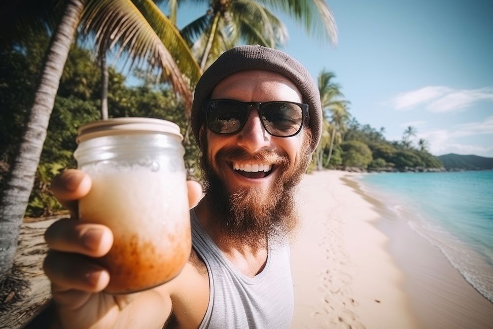 Adult man happieness with drinking coconut fruit juice selfie accessories accessory.