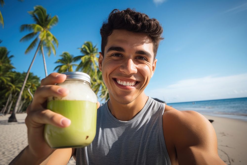 Organic tender coconut water photography outdoors selfie.