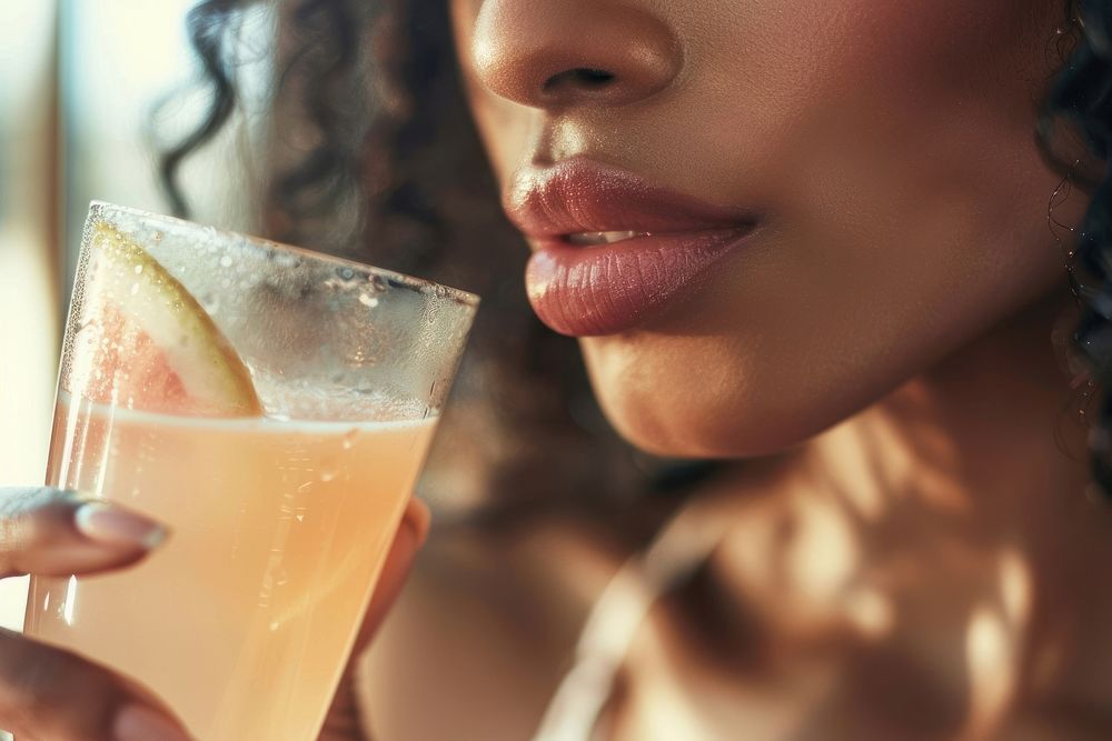 Black woman lip sipping cocktail beverage drinking female.