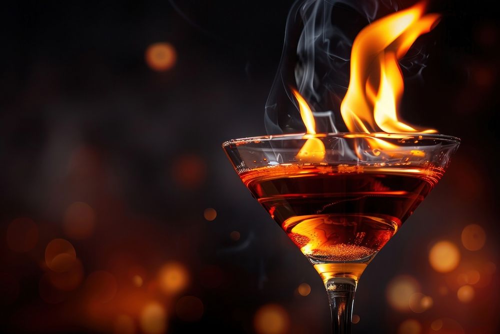 Flaming cocktail fireplace beverage alcohol.