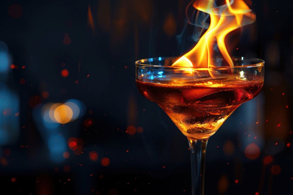 Flaming cocktail beverage alcohol martini.