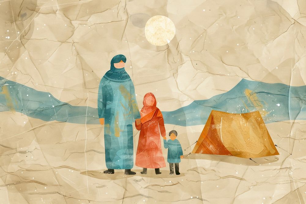 Arab family at refugee camp illustrated clothing painting.