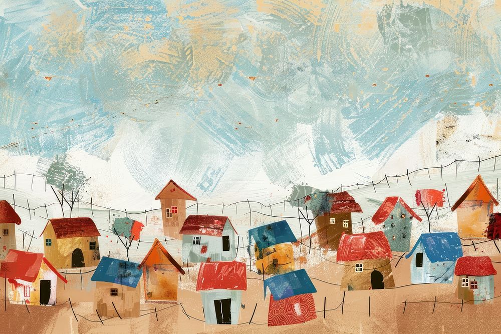 Refugee camp architecture countryside painting.