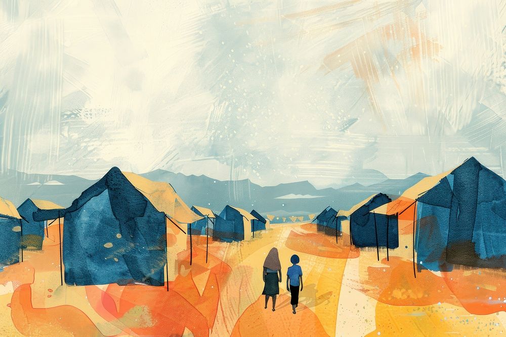 Refugee camp architecture painting outdoors.