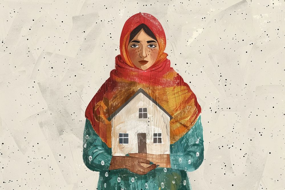 Palestinian woman holding home art illustrated painting.