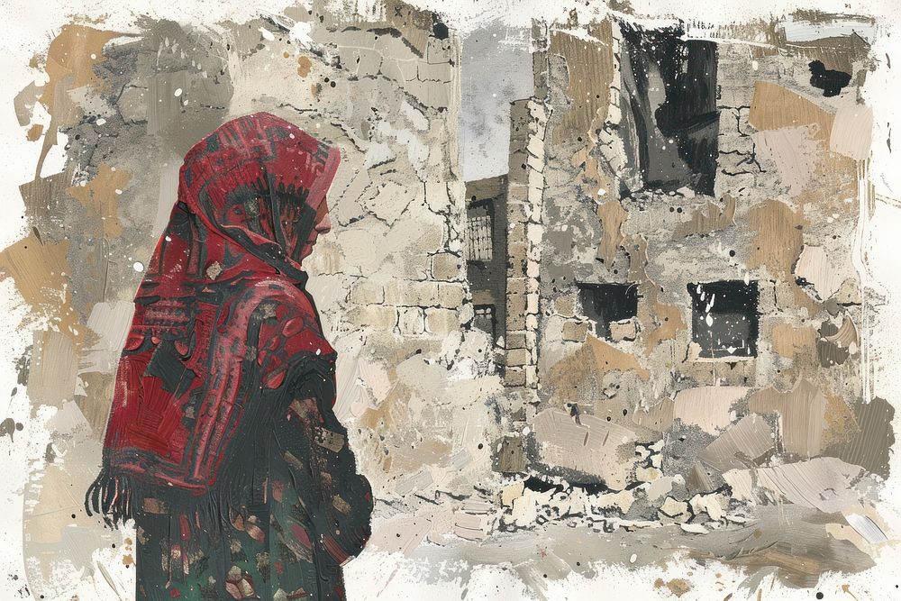 Palestinian woman holding home art architecture painting.