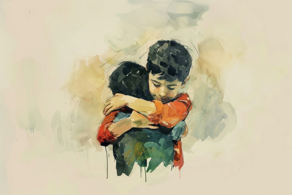 Palestinian brothers hugging art photography painting.