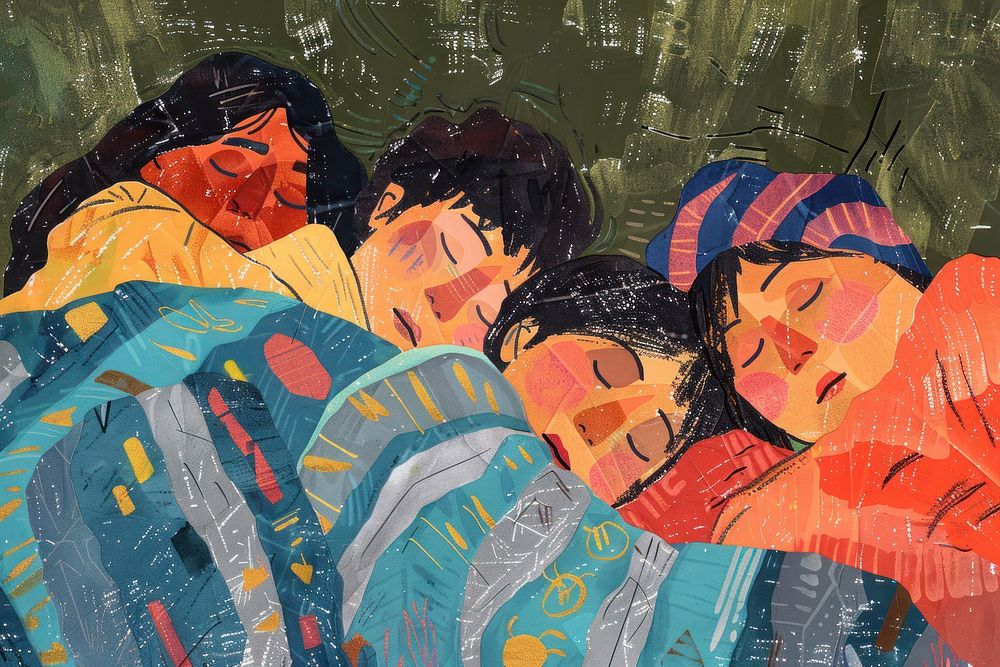Refugee family sleeping at a camp art painting female.