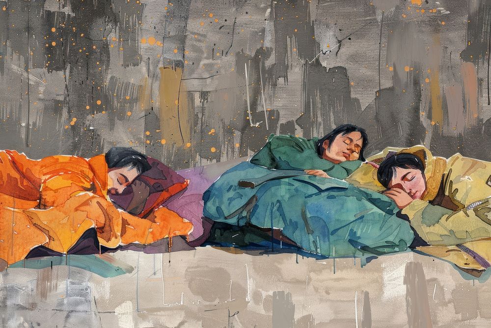 Refugee people sleeping at a camp art painting blanket.