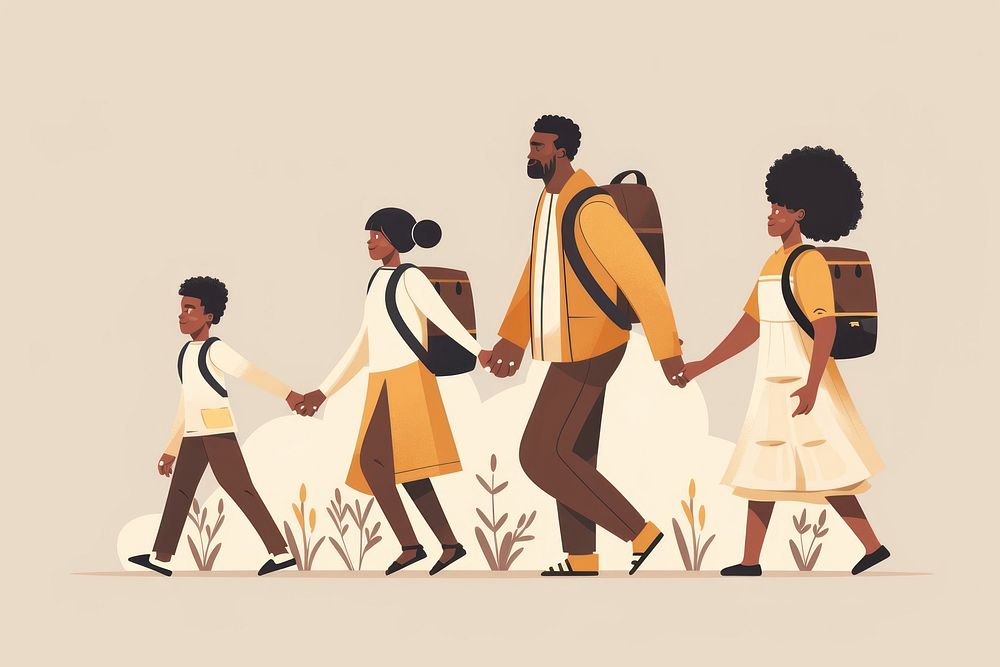 African family walking hand illustrated.