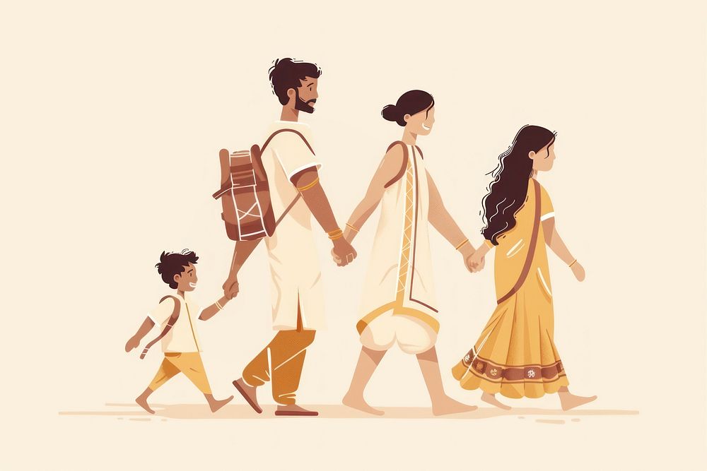 Indian family walking illustrated recreation.