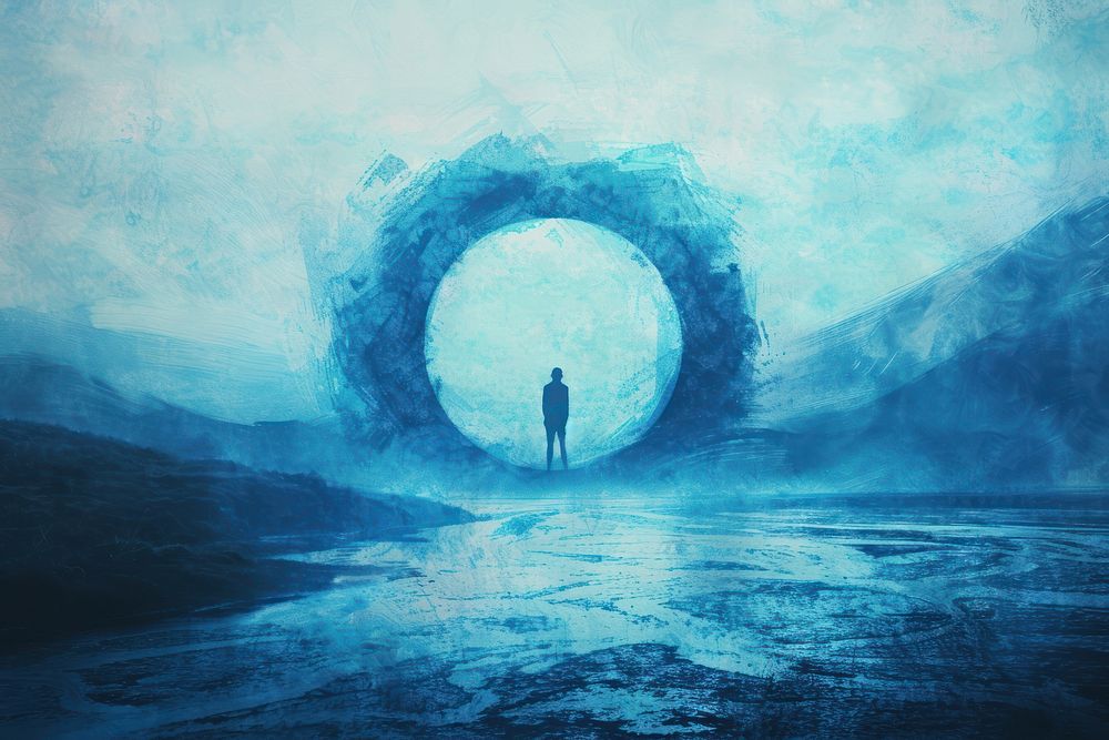 Person standing in the center of circle blue portal sea outdoors walking.