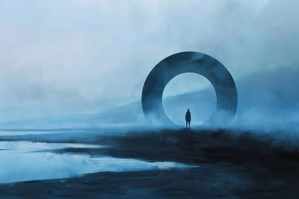 Person standing in the center of circle blue portal sea outdoors nature.