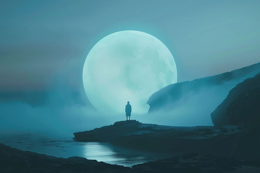 Person standing in the center of circle blue portal astronomy sculpture outdoors.