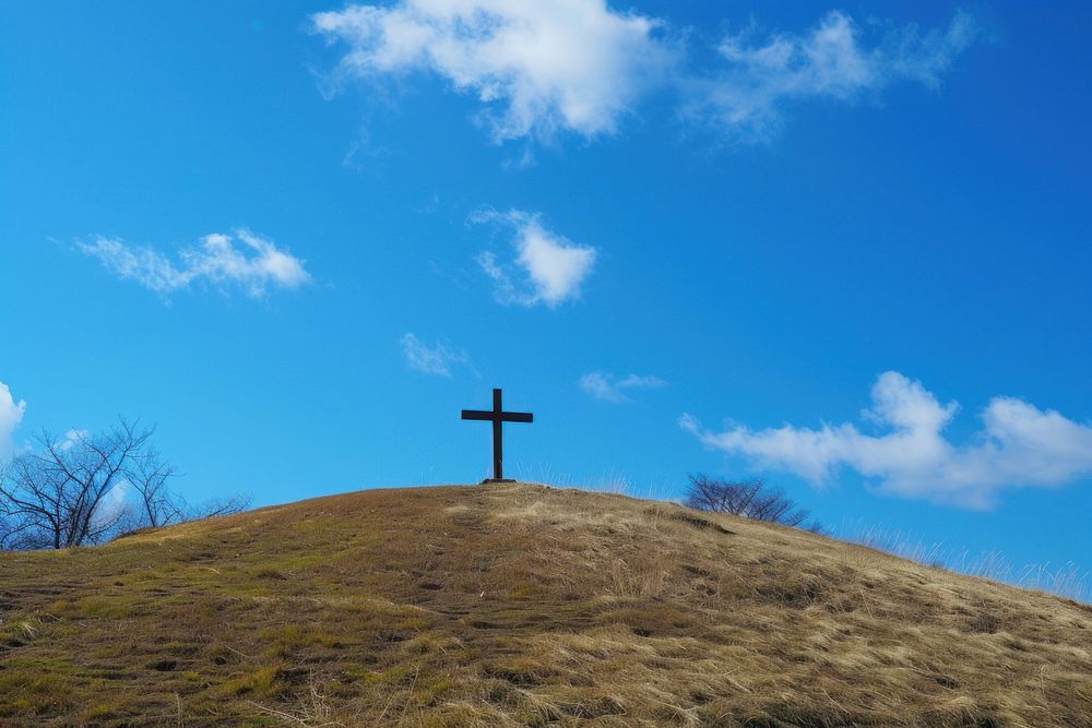 Cross on the hill sky graveyard outdoors.