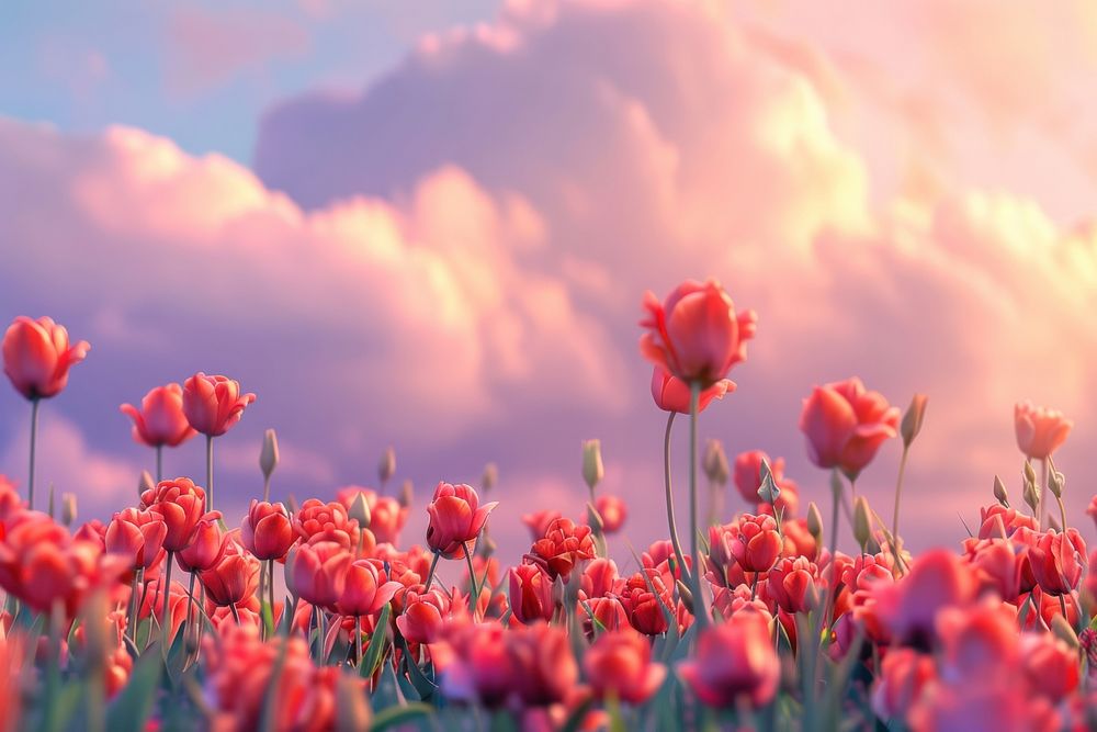 Red blooming tulips sky landscape panoramic.