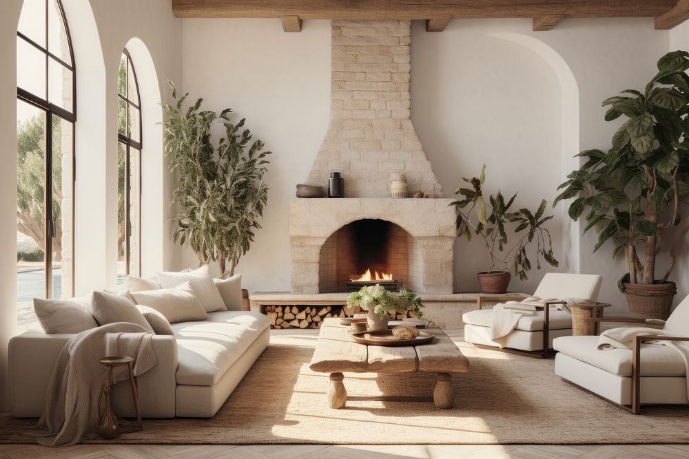 Mediterranean style living room architecture fireplace furniture.