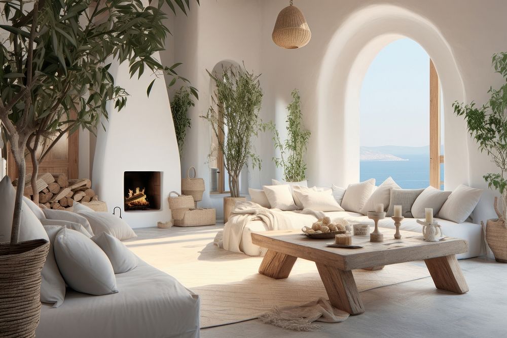 Mediterranean style living room architecture furniture fireplace.