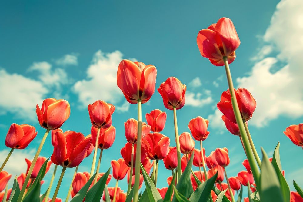 Red blooming tulips sky outdoors blossom.