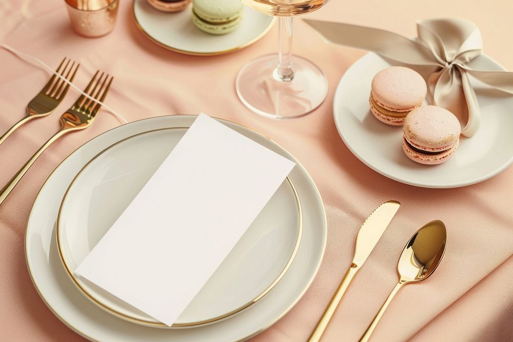 A white card mockup macarons cutlery plate.
