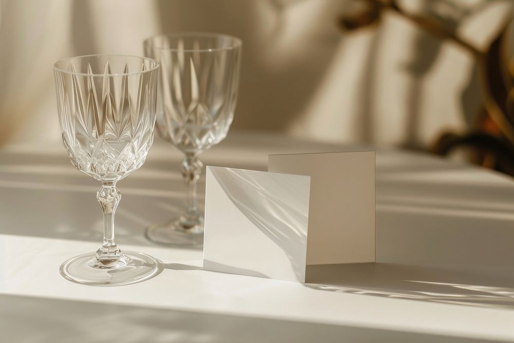 White business cards glass table wine.