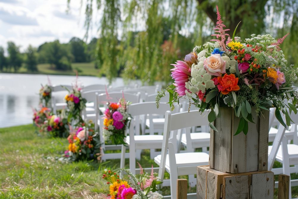 A beautiful outdoor wedding ceremony outdoors flower chair.