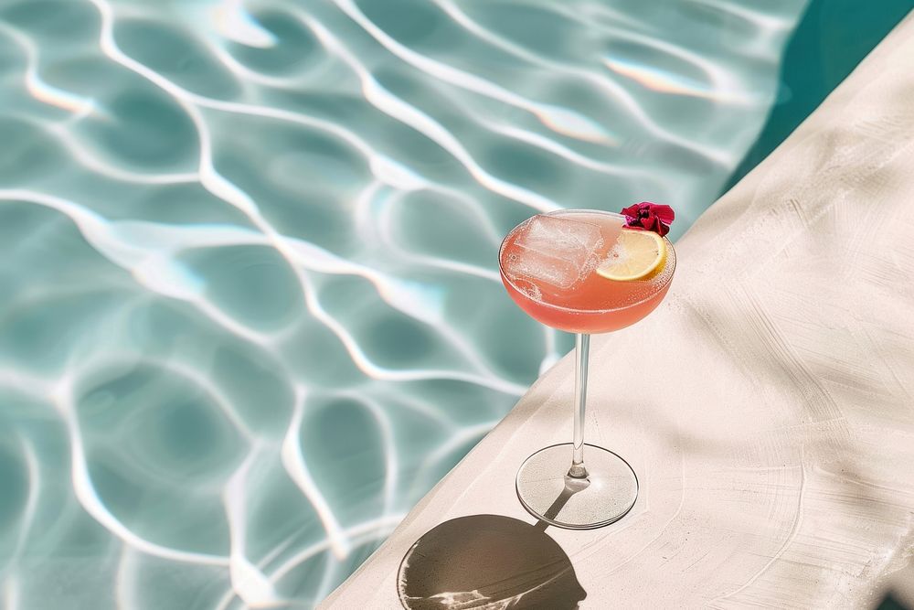 Card mockup cocktail glass pool.