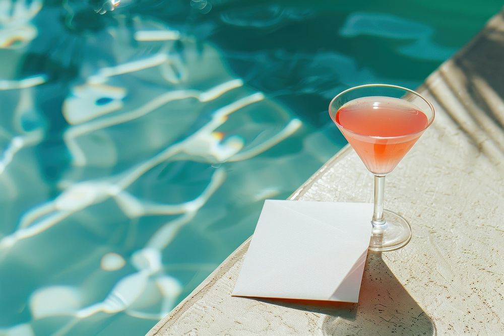 Card mockup cocktail glass pool.