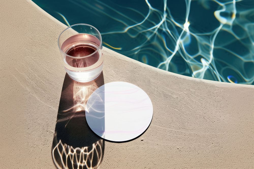 Circle card mockup cocktail glass pool.