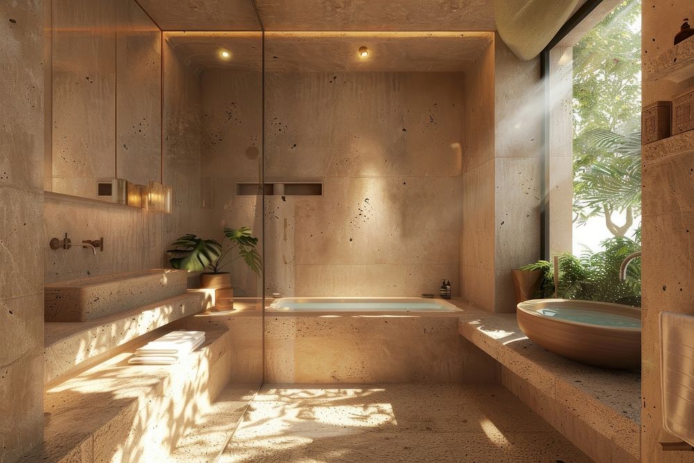 A modern bathroom bathtub showering bathing.