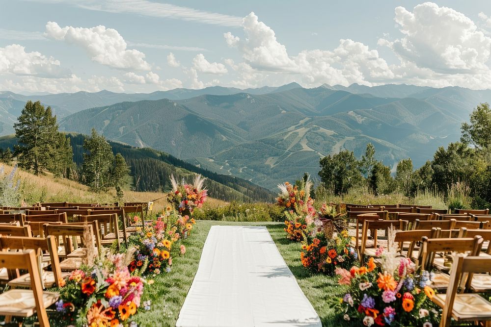 Wedding ceremony flower aisle outdoors.